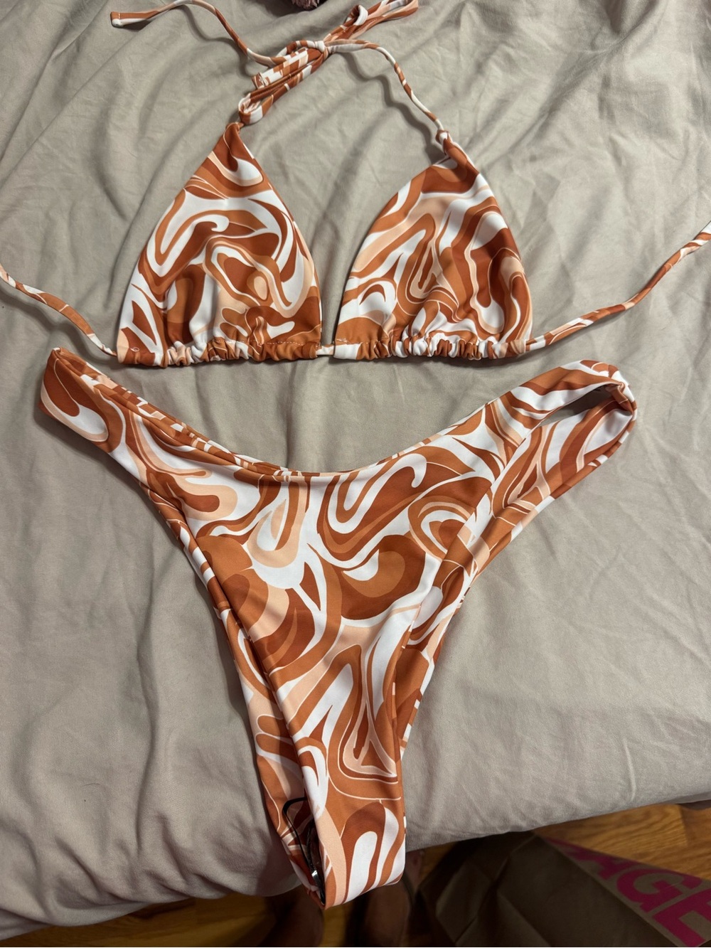Swirl Print Triangle Bikini Set in Rust & White